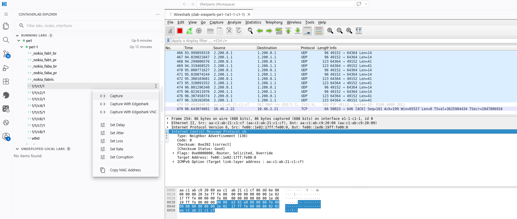 Fig. 2 - A sample traffic capture using VS Code containerlab plugin, with Edgeshark VNC option. 